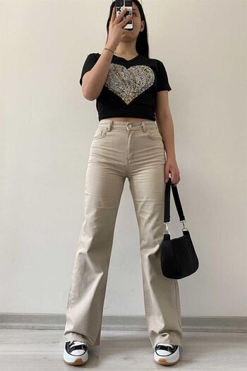 Geppetto Beige Colored Penolope Women's Jeans - Cut-Out and Wide Leg