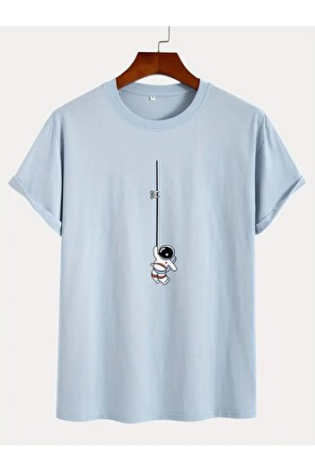 PALPİTO Unisex Oversize T-Shirt - Baby Blue, Astronaut Printed on a Rope