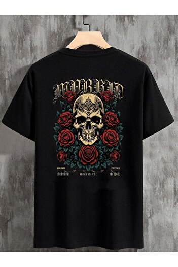 DEEPSENCE Rose Skull Patterned Unisex Oversize Black T-shirt
