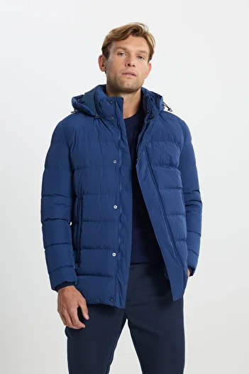 AC&Co / Altınyıldız Classics Men's Blue Hooded Collar - Standard Fit Coat with Side Pockets