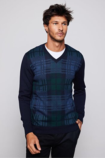 Tudors Navy Blue Slim Fit V-neck Checked Men's Knitwear Sweater