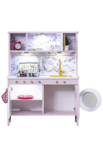 Setay Ahşap Oyuncak Mutfak Seti, Eğitici Montessori Mutfak Oyuncak Seti Çamaşır Makinalı - Pembe