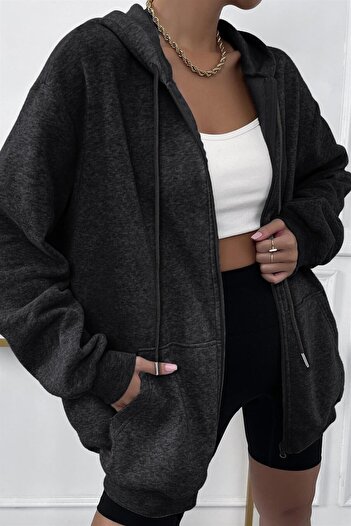 Millionaire Kadin Antrasit Kapüşonlu Fermuarlı 3 Üç Iplik Polar Kanguru Oversize Sweatshirt Zip Up Hoodie