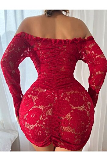 my cherie Büzgülü Bağlama Detaylı Vücuda Oturan Seksi Gösteren Dantel Mini Elbise Geniş Beden Aralığı