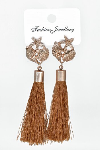 AKIN AKSESUAR HEDİYELİK Gold Colored Starfish and Oyster Detailed Long Tassel Earrings