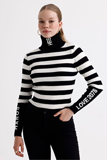 MD trend Pulover din tricot cu nervuri cu gât - dungi și blocuri de culoare