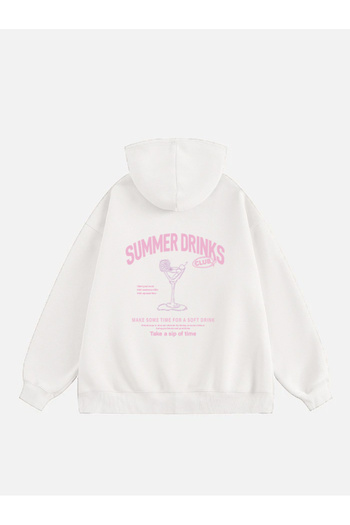 Mad&Calf Kadın Summer Drinks Baskılı Kapüşonlu Polarlı Oversize Sweatshirt