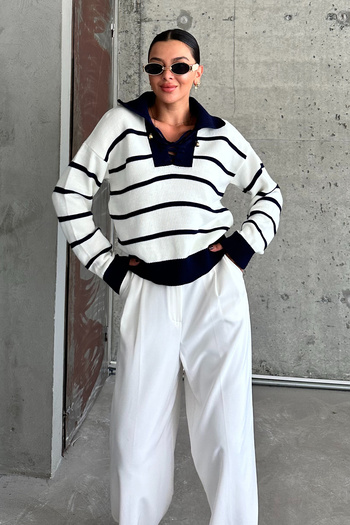 MODAGEN Ecru V-neck Tie-up Striped Women's Knitwear Sweater