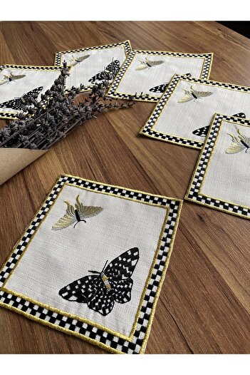 Nurhanhome 6 Butterfly Patterned Embroidered Cocktail Serving Napkins