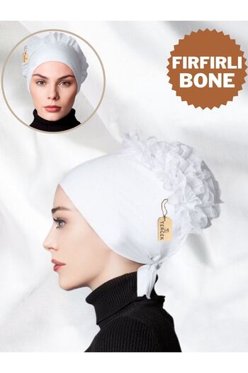 Tergek White Frilly Cotton Combed Cotton - Casual Women's Hijab Headscarf and Ready Turban