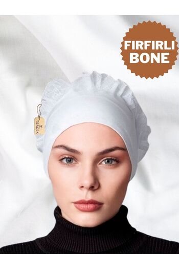 Tergek White Frilly Cotton Combed Cotton - Casual Women's Hijab Headscarf and Ready Turban