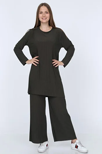 ilmek Khaki Women's Trousers and Hijab Tunic - Pleated Sandy 5219 Set