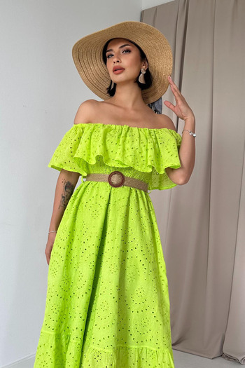 Seda Yalçın Atelier Pistachio Green Madonna Collar and Belt Detailed Scallop Dress