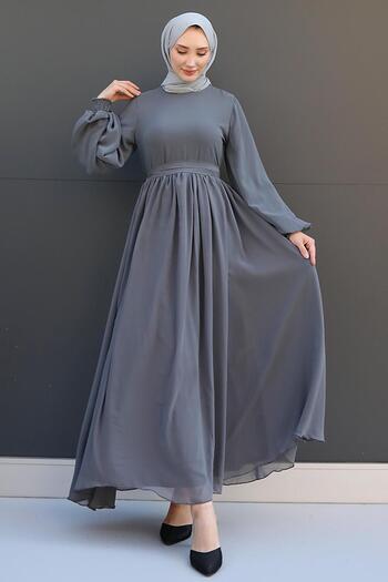 GİZ AGİYİM Γκρι Hijab Chiffon φόρεμα - Nare