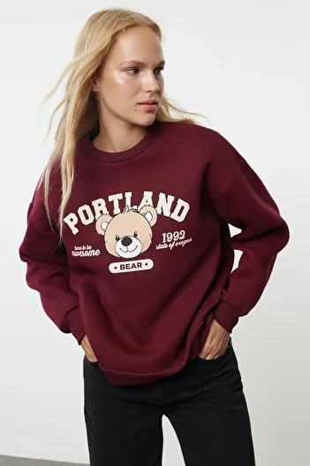Trendyol Collection Claret Red Printed Oversize mikina - Crew Neck, Silný úplet TWOAW25sw00017