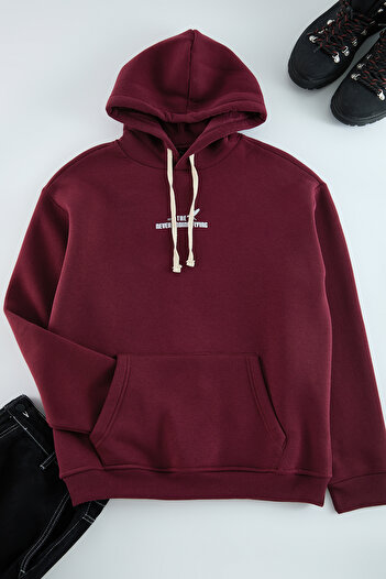 Trendyol Collection Φούτερ με στάμπα Claret Red Fleece Cotton Oversize Φούτερ με κουκούλα - TMNAW24sw00136
