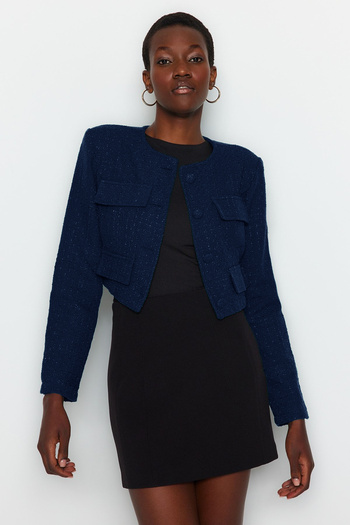 Trendyol Collection Navy Blue Tweed Crop Jacket - Limited Edition TWOAW23CE00215