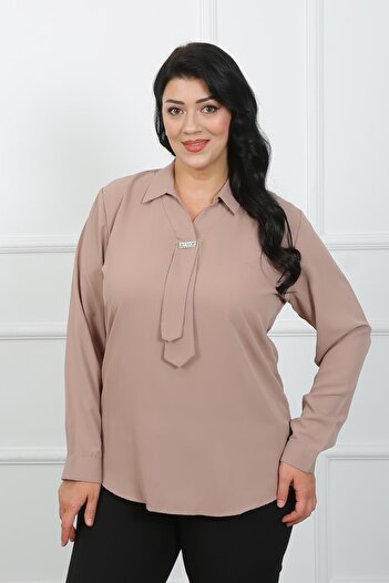 By Alba Collection Stone Colored Large Size Jessica Shirt - Stone Detail on the Front