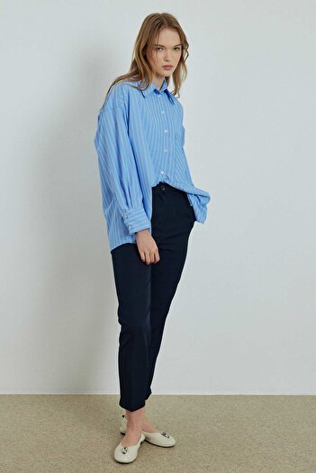 Hooopstore Navy Blue Carrot Cut Iron Trace Trousers