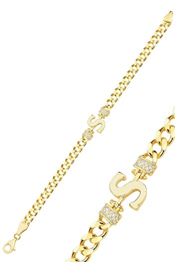 Söğütlü Silver Gümüş altın yaldızlı zirkon taşlı üç boyutlu gurmet zincirli S harf bileklik SGTL12300GOLD-S