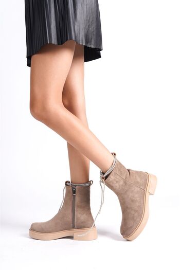 Limeo Mink Suede Side Zipper Low Sole Stone Lace Detailed Classic Women's Boots Bootie