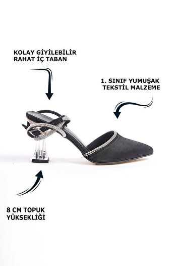 Limeo Black Ankle Stone Stripe Laced Satin Transparent High Heeled Women's Evening Dress Shoes