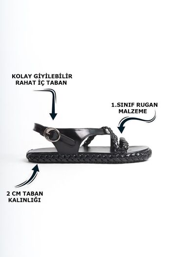 Limeo Shiny Black Women's Sandals - Comfortable Low Sole, Double Twist Pattern and Stripe Detailed Summer Slippers