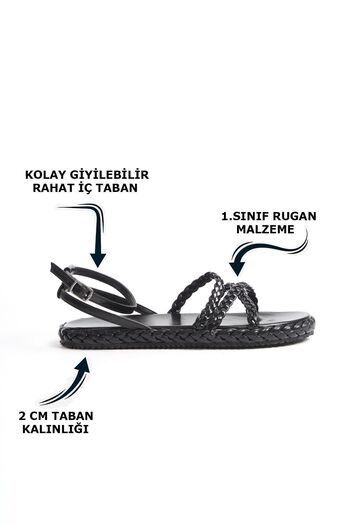 Limeo Women's Three Twist Pattern Striped Shiny Black Comfortable Low Flat Sole Summer Women's Black Sandals Slippers