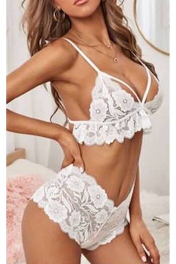 my cherie White Lace Lacing Detailed Bra Panty Nightgown Set