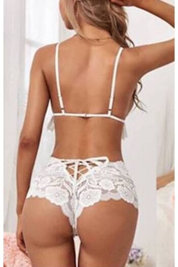 my cherie White Lace Lacing Detailed Bra Panty Nightgown Set
