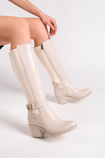 Limeo Cream Leather Look Back Stretch Flexible Thick Medium High Heel V Metal Detail Zippered Long Boots
