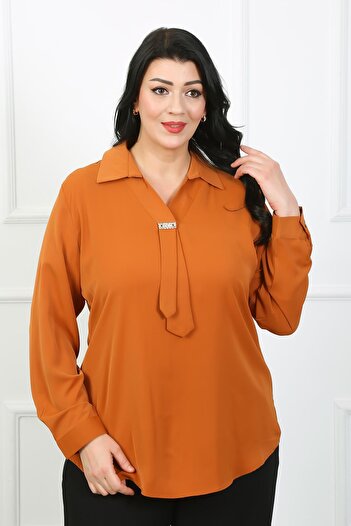 By Alba Collection Orange Jessica Fabric - Large Size Women's Shirt with Stone Detail