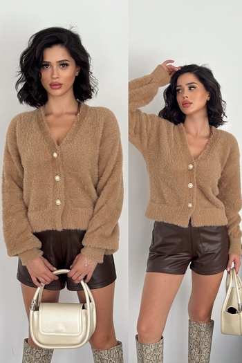 FEMELLE Camel Color V-neck Size Buttoned Women's Knitwear Cardigan