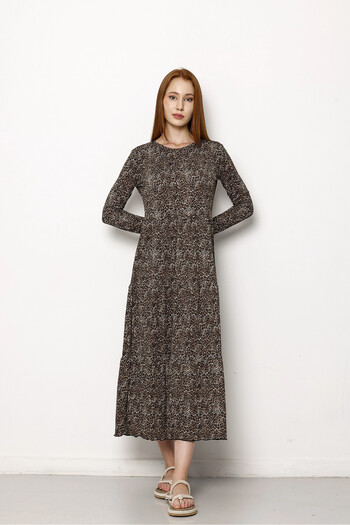 Stil Diva Long Sleeve Leopard Print Midi Dress - Crew Neck