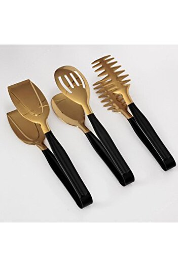 Demir Çeyiz Dmr Life Gold Black Serving Presentation Pasta Pastry Salad Cake Tongs Set 3 Pieces