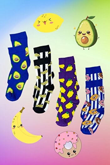 ZEYZEY MONKEY Set of 4 Fruity Patterned Unisex Cute Children's Socks