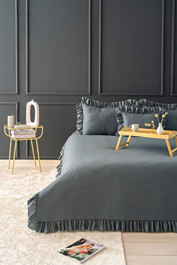 Odamoda Eva Single Pique Bed Set - Anthracite Cotton Frilly Cover Set - Stylish Box and Package