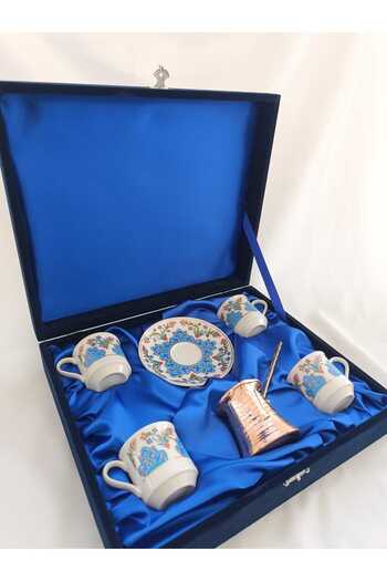 Nihal Süeda Star Model Four Porcelain Cup Set - Velvet Box, Copper Coffee Pot