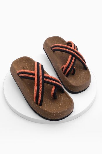 Marjin Women's Cork Sole Patterned Cotton Rope Flip Flops Cross Band Daily Slippers Meyse Orange