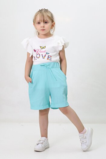 Kamex Turquoise Butterfly Love Printed T-Shirt and Lace up Shorts Set