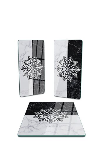Decovetro Rectangular Set of 3 - Glass Presentation Serving Plate, Black and White Marble Snowflake Pattern