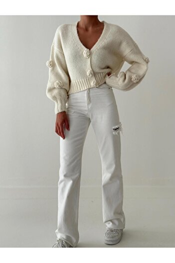 fujya Balloon Sleeve Rose Embroidered Knitwear Cardigan