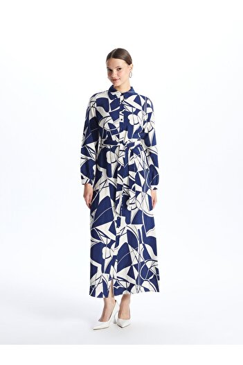 LC Waikiki Gemustertes Damen-Hemdkleid mit langen Ärmeln