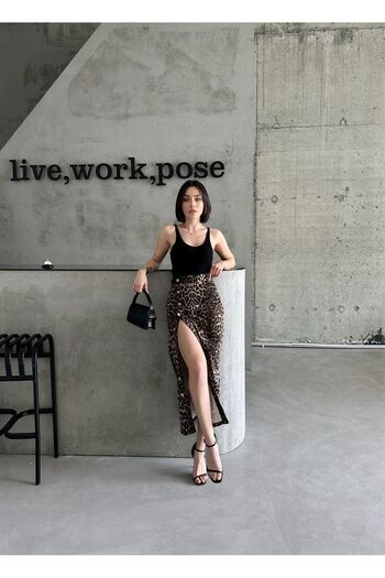 Swet Shop Jeans Brown Black Leopard Patterned Lycra Long Denim Skirt - Women