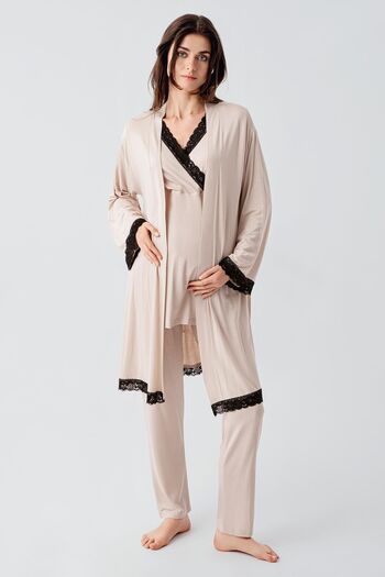 Artış Lycra Viscous Long Sleeve Maternity Pajamas and Dressing Gown Set