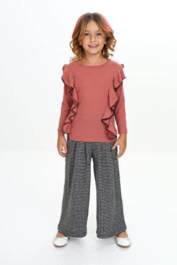 e-çocuk Girl's Winter Set - Piti Checked and Ruffled Top and Bottom Set 1020