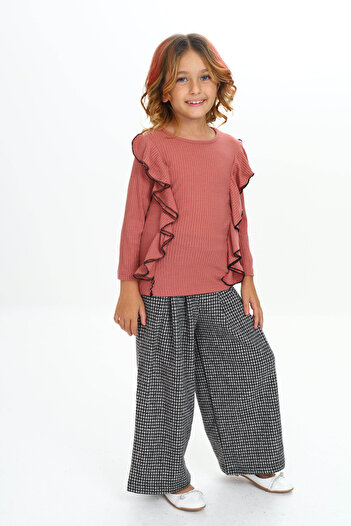e-çocuk Girl's Winter Set - Piti Checked and Ruffled Top and Bottom Set 1020