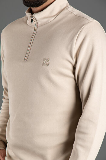 ZEKİ ÖZER Beige Men's Sweater - Stand Collar and Zipper
