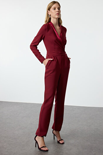 Trendyol Collection Burgundy Satin Woven Jumpsuit - Long, Limited Edition, Collar Detailed TWOAW23TU00052