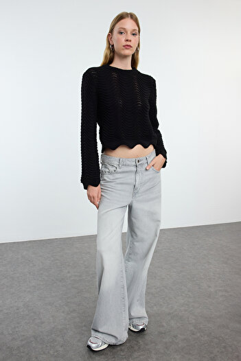 Trendyol Collection Pulover negru cu decolteu triplu - Crop ajurat/perforat TWOAW25KZ00346